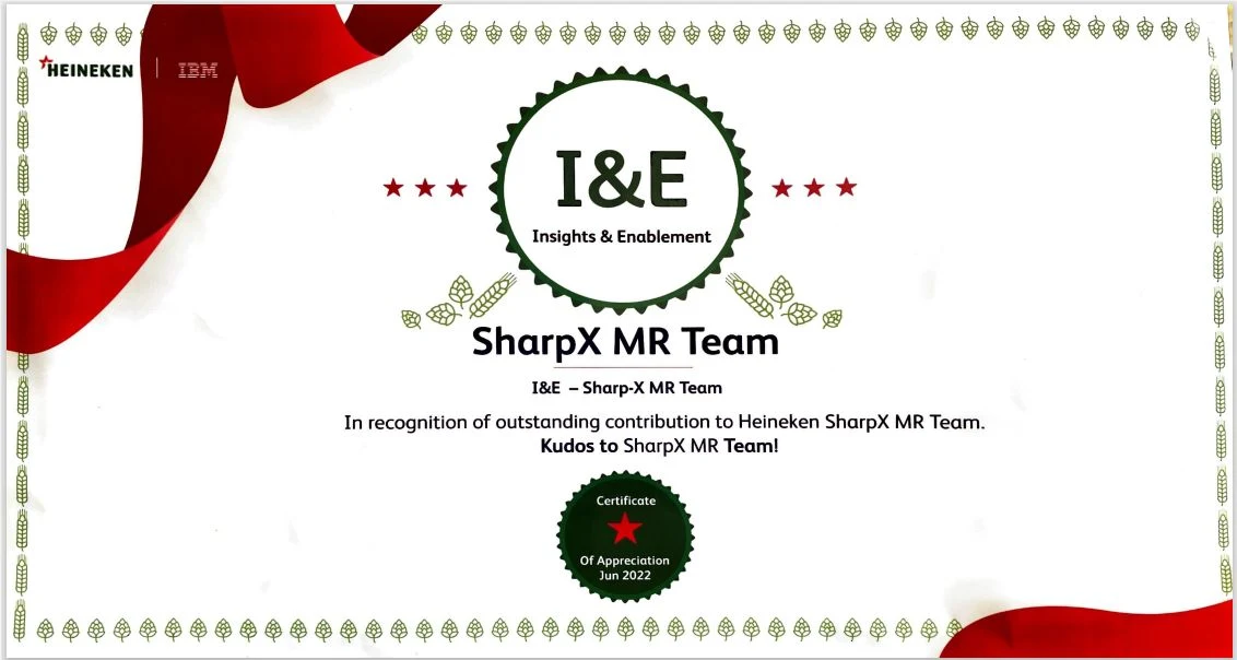 Certificate of Appreciation from Heineken I&E to the SharpX MR Team, June 2022