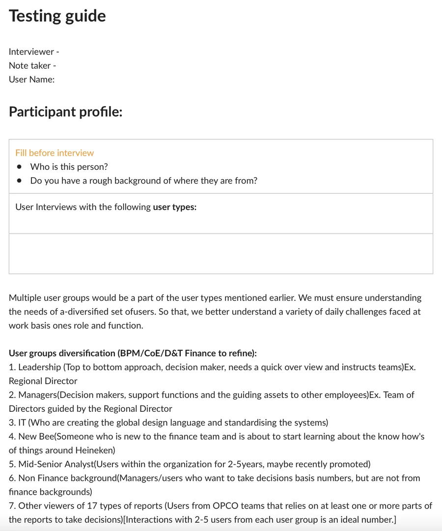 Research guide: testing guide and participant profile