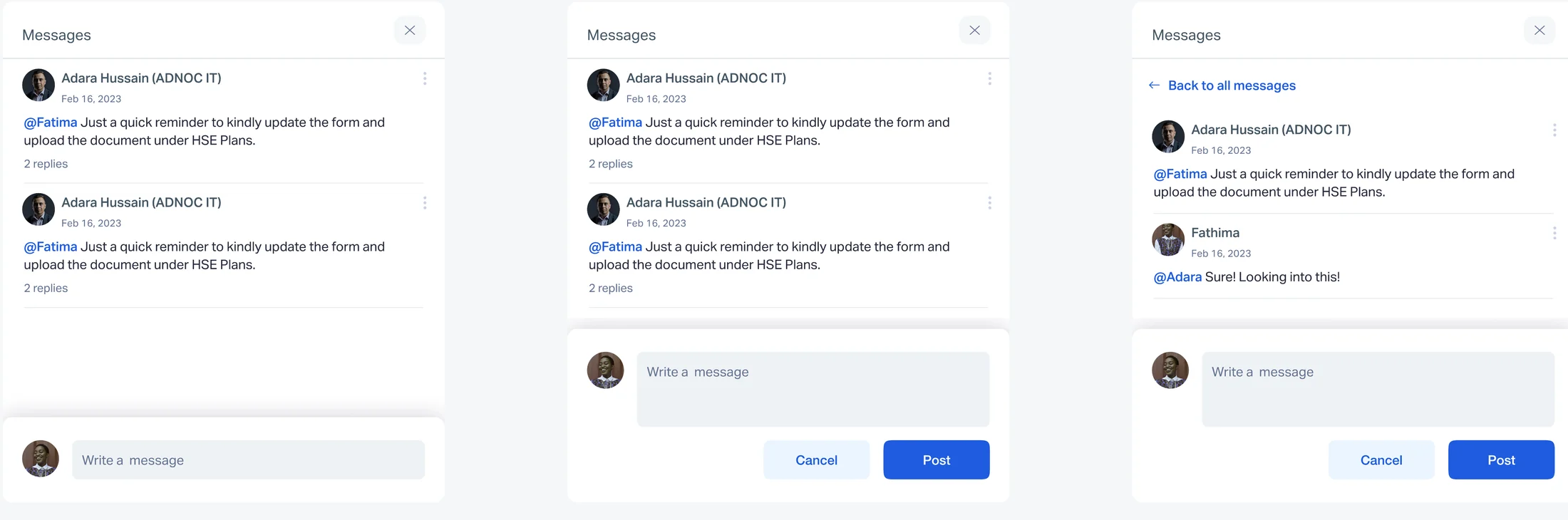 Messages widget: all messages, composing, and a thread