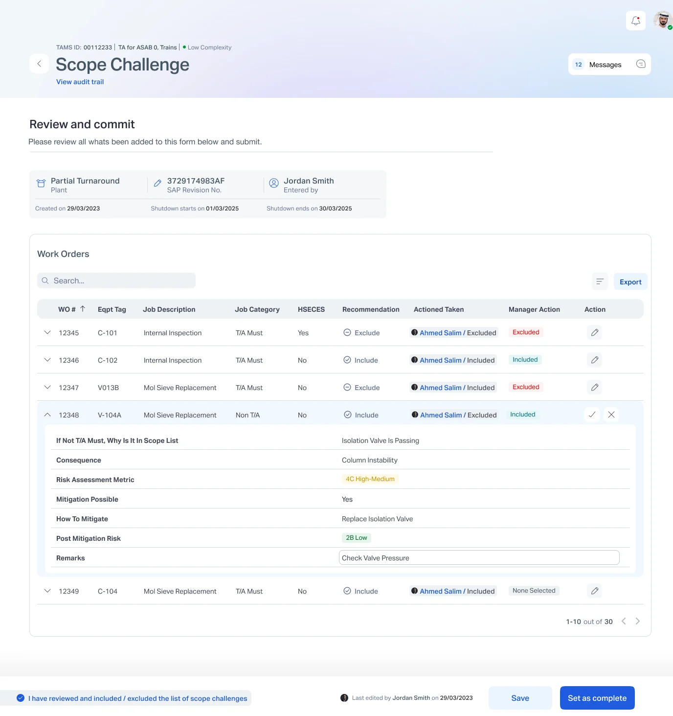 Scope challenge screen with work orders table